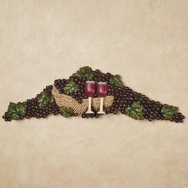 Touch of Class Wine Picnic Vineyard Grapes Wall Topper - Multi Earth - Resin - Purple, Green, Tan - Grapes, Wine Filled Glasses Hanging Decor for Kitchen, Dining Room - Painted by Hand