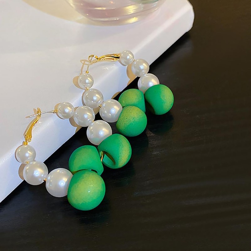 Green Pearls Hoop Statement Earrings for Women Teen Girls,14K Gold