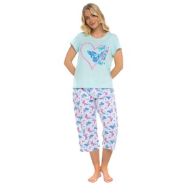 Womens 100% Cotton Jersey Short Sleeved Cropped Leg Animal, Butterfly, Bear & Heart Design Pyjamas (SUMMER HEART TURQUOISE 12-14)