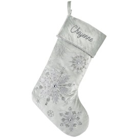 Things Remembered Sage Green & Silver Jeweled Snowflake Stocking (Free Customization), Luxury Christmas Stocking with Embroidered Name