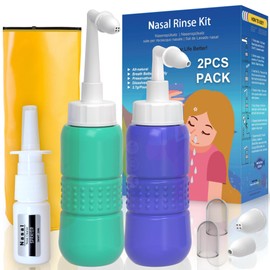 TONELIFE 2PCS-Pack Nose Wash Bottle with 2 Soft Nozzles Sinus Rinse System Nasal Cleaner Neti Pot (Blue+Green)