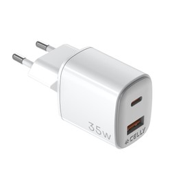 Celly, Ladegerät mit USB-C- und USB-A-Anschlüssen, 35 Watt, Multi-Ladegerät mit GaN-Technologie, kompakt und leistungsstark, Netzteil für Smartphones und Tablets der größten Hersteller
