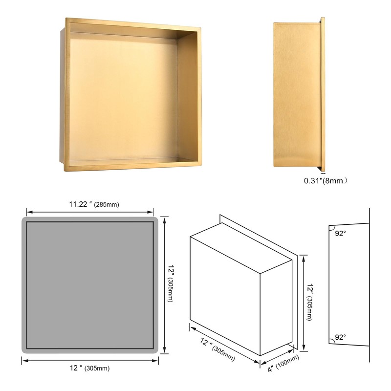 Shower Niche Gold Brushed 12"×12": Stainless Steel Shelf Organizer Waterproof