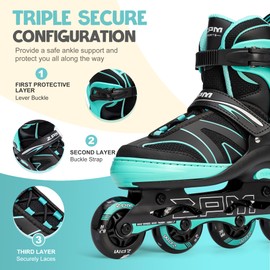 2PM SPORTS Kids Adjustable Inline Skates Ages 4-12, Youth Inlie Skates for Girls Boys 5-8 8-12 with Full Light Up Wheels, Beginner Women Men Adult Skates - Mint Small