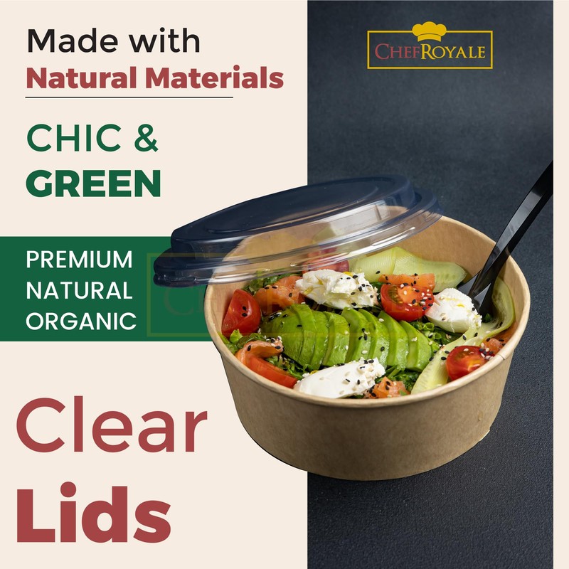 CHEF ROYALE 20x 1300ml Kraft Salad Paper Bowls with Lids