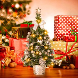 Mrinb 45CM Small Christmas Tree with Lights,Mini Desktop Decoration Tree with Star Tree Topper, Balls, Bows, Pine Cones for Home Office Shopping Bar Christmas Decorations(Silver)