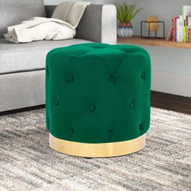 Asense Round Velvet Ottoman Button Tufted Foot Rest Stool Upholstered Footstool with Gold Plating Base for Living Room, Bedroom, Kids Room