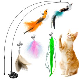 NXPZ 8 Pcs Katzenspielzeug Set, Katzen-Interaktionsspielzeug, Indoor-Katzenspielzeug, 3 Federspielzeuge, 2 realistische Vögel, inkl. Starke Saugnäpfe und Angelrute, Katzen Intelligenzspielzeug-Set