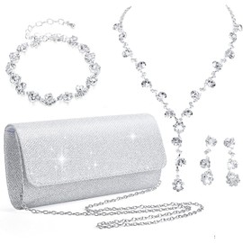 Ditard 4 Pieces Rhinestone Jewelry SetClutch Purse Prom Jewelry Sets Wedding Bridal Jewelry Rhinestone Necklace Dangle Ear ClipCrystal Jewelry Set Wedding Party (Elegant Style) Silver