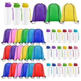 LECEHIVO 42 Pcs 17 oz Plastic Water Bottles Drawstring Backpack Set Leakproof Reusable Flip Top Sports Water Bottles for Adults Gym Party Outdoor Travel