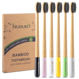 NUDUKO Biodegradable Bamboo Toothbrush, Natural Charcoal toothbrushes Soft Bristle Toothbrush Eco-Friendly Sustainable Toothbrush BPA Free Organic Compostable Travel Toothbrushes Wooden toothbrushes, 6 Pack
