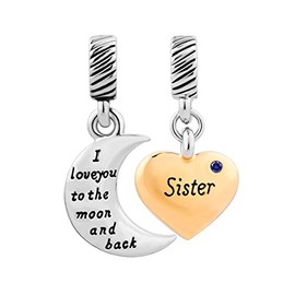 CharmSStory Sister Heart Blue Simulated Birthstone I Love You to The Moon and Back Charm Beads for Bracelets