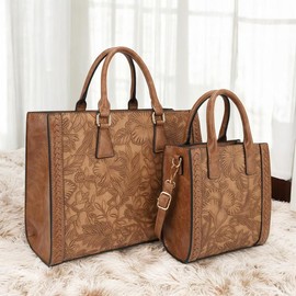 BagParty Spring Fashion 2-Piece Vegan Leather Tote Bag Set - Hibiscus Flower, All Match Trendy Women Working Bag, Everyday Bag for Office Lady:_Lilac