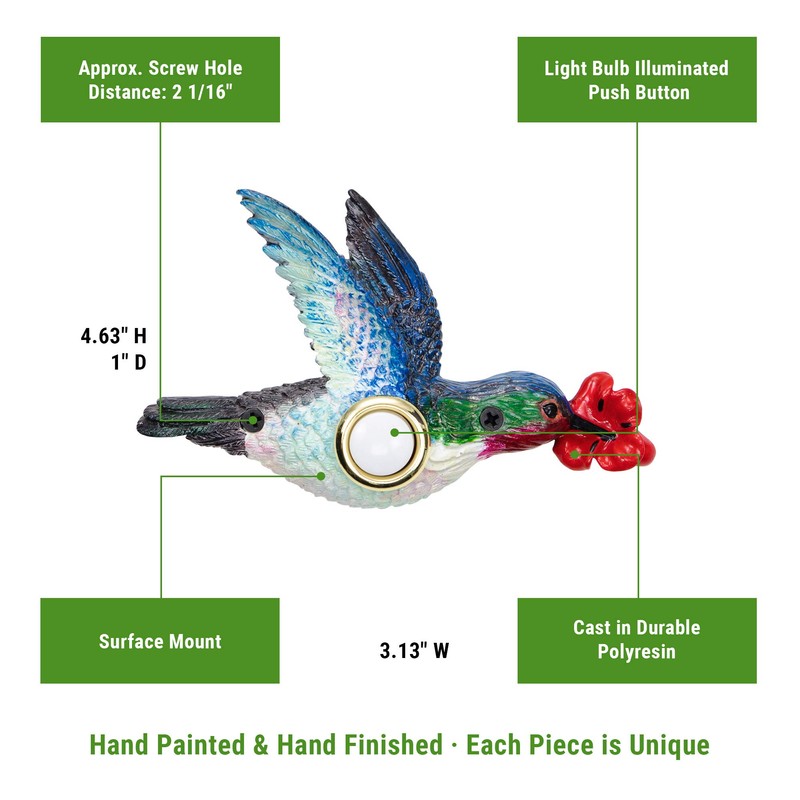Waterwood Hand Painted Hummingbird Doorbell - Wired & Illuminated Push