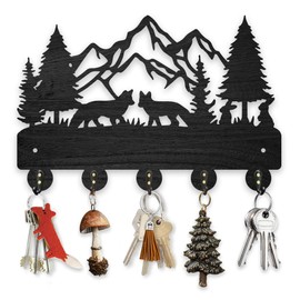MAYJOYDIY Wooden Coat Hook Fox Mountain Forest Wall Mounted Key Holder for Wall 30 x 20 cm Forest Animal Tree Key Holder with 5 Alloy Hooks Decorative Key Hook for Gift Kitchen