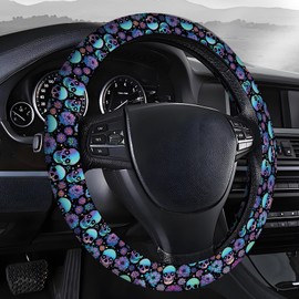AOPEFNX Steering Wheel Covers for Car, Truck, and SUV, Cute Non-Slip Breathable Elastic Steering Wheel, Car Accessories, Universal 15 Inch Leather Cover for Men Women Colorful Skull