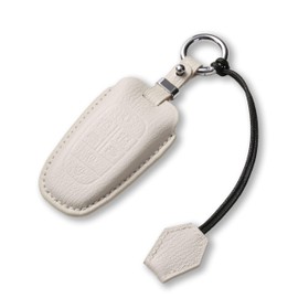 Jayanes Genuine Leather Key Fob Cover Compatible with Hyundai Sonata 2020-2023 Santa Fe 2021-2023 Tucson 2022-2024 Nexo 2019-2021 Palisade 2023-2025, Fob Case with Keychain & Lanyard(7 Buttons, White)