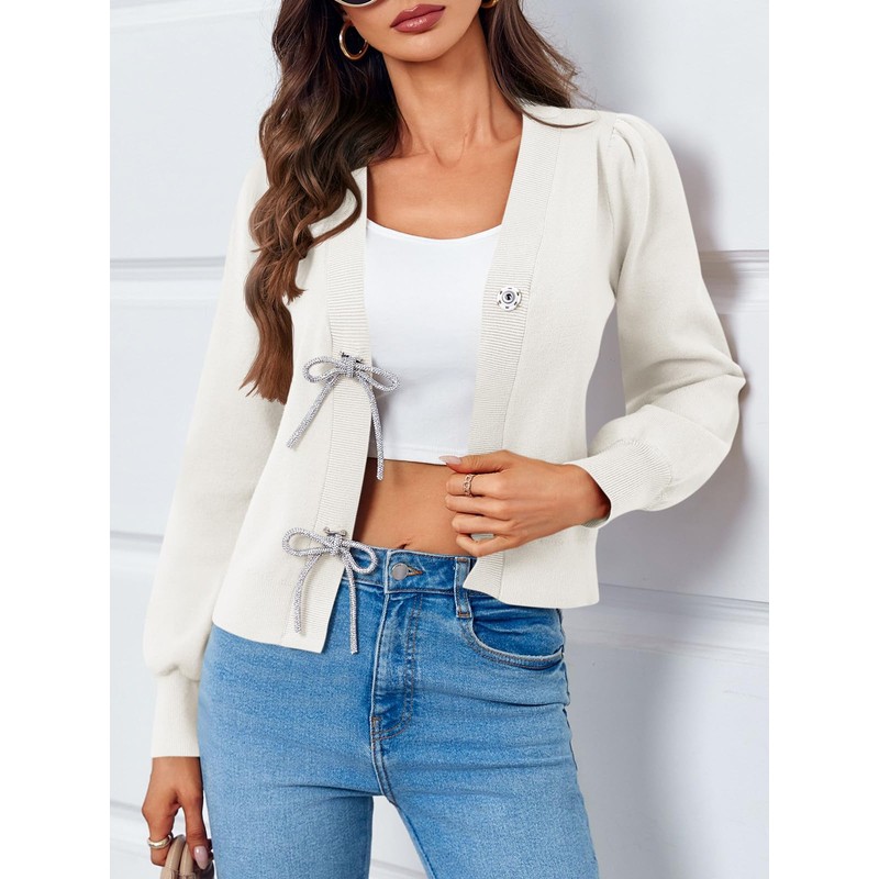 Saodimallsu Womens Puff Long Sleeve Sweaters V Neck Cropped Bow