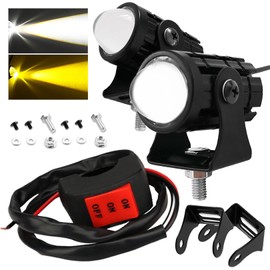 PIENSE Motorcycle Fog Light with 2 LEDs/Switch Included, Small, Waterproof, White, Yellow, High/Low Switch, (2 Main Units + Black Switch B)