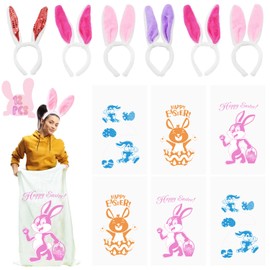 LUKBERA 6 Player Potato Sack Race Jumping Bags with Bunny Ears Headbands, Easter Sack Race Easter Eggs Hunt Outdoor Games