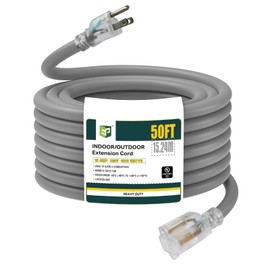 EP 50 Ft Lighted Outdoor Extension Cord - 12/3 SJTW Heavy Duty Grey Extension Cable with 3 Prong Grounded Plug - Power Cord for Lawn, Garden, Appliances