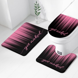 AAtter 4 Piece Pink and Black Shower Curtain Set Get Naked Ombre Girls Women 60Wx72L Curtains Decor with Non-Slip Rugs, Toilet Lid Cover and Bath Mat Bathroom Accessorie Home Bathtub Set, Gradient