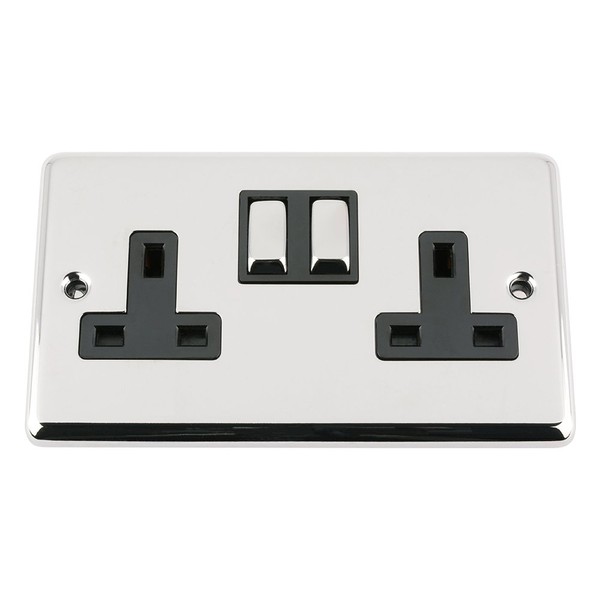 Wall Socket 2 Gang - Polished Chrome Classic - Black