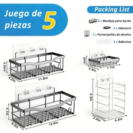 Organizador de Baño Set de 5 Piezas, Repisas de Acero Inoxidable 304 con Porta Jabón, Canastilla y Ganchos Adhesivos, Estantes para Ducha y Regadera