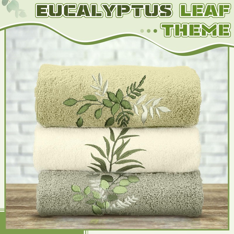 Tingjoo 3 Pcs Eucalyptus Leaves Hand Towels Farmhouse Green Fingertip