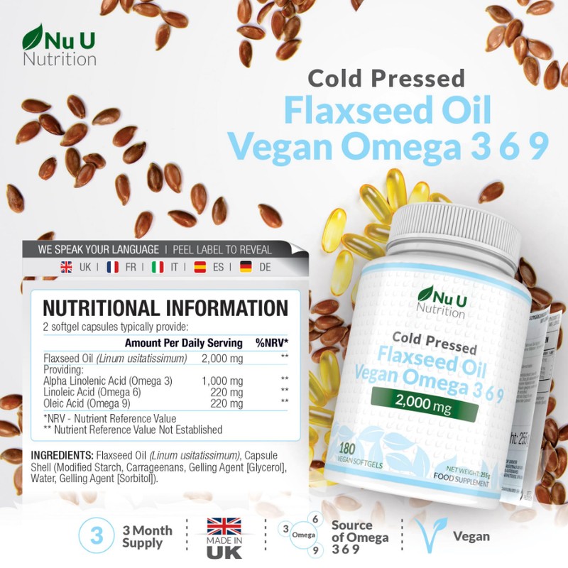 Vegan Flaxseed Oil 2000mg - 180 Softgel Capsules - Cold
