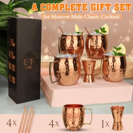 Craft Trade Moscow Mule Mugs Set of 4 Hammered Moscow Mule Mugs Drinking Cup with 4 Straws-1-Shot Glass-Great Dining Entertaining Bar Gift Set Hotel