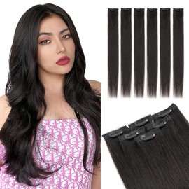 Elailite Real Hair Clip In Extensions Human Hair Black Double Weft 6 Pcs Seamless Highlights Hairpieces Straight Remy - #1B Natural Black - 18 Inch 44g