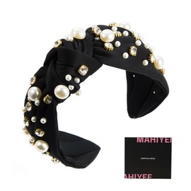 stesdy Womens Fashion Hair Accessories Knotted Headband Black Pearl Hairband For Girls Rhinestone Beaded Jeweled Top Knot Headbands Gifts For Mother's Day Christmas Brithday