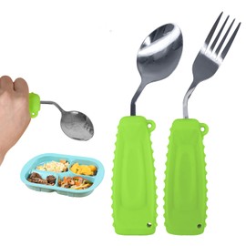 Adaptive Utensils Spoon and Fork Easy to Hold for Independent Eating, Weighted Utensils for Hand Tremors (Green-Left)