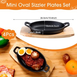 Mifoci 2 Sets Cast Iron Skillet with Wooden Base Mini Cast Iron Fajita Plates Cast Iron Baker's Skillet Matte Black Small Cast Iron Pan for Kitchen Restaurant Barbecue Dinner (8.7 x 4.7 x 1.6 Inches)