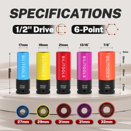 BILITOOLS 1/2 inch Drive Impact Lug Nut Socket Set, Metric 17-19 - 21 mm & SAE 13/16-7/8 inch Non-Marring Thin Wall Wheel Nut Socket