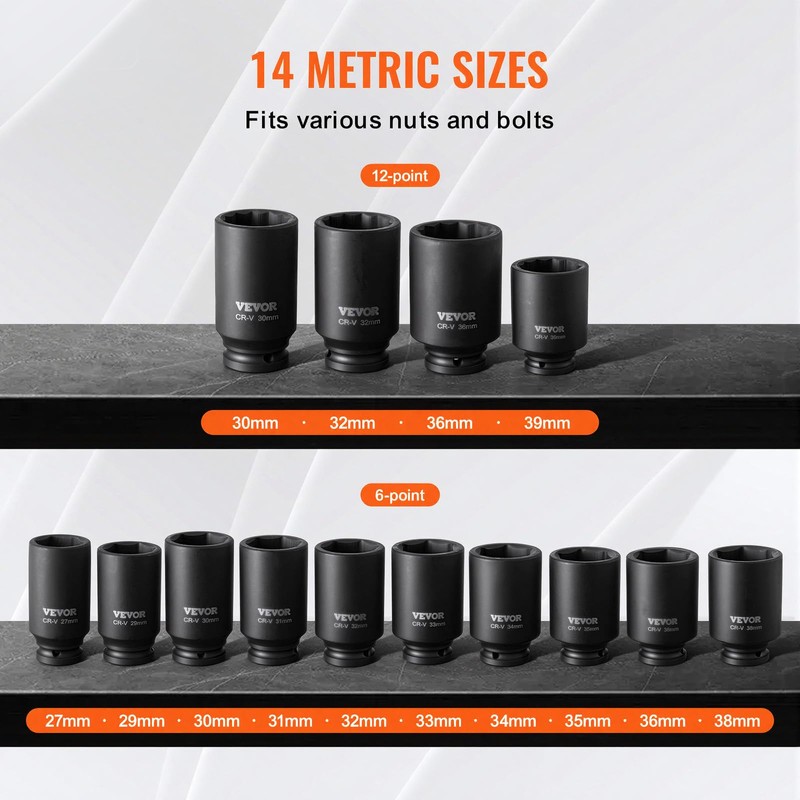 VEVOR Axle Nut Impact Socket Set - 1/2" Drive Deep
