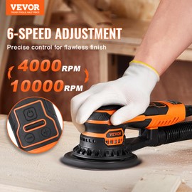 VEVOR Random Orbital Sander 6-Inch, 350W Brushless Orbital Sander, 10,000 PRM 6 Variable Speed Electric Palm Sander with 10PCS Sandpapers, Dust Connector & Hose for Woodworking Detailing Sanding