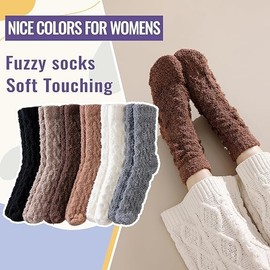 (6 Pairs) ZANZER Fuzzy Socks For Women Slipper Warm Fluffy Soft Winter Cozy Plush Sleep Cabin Christmas Home SockLight Curry + Medium Curry + Gray + White)