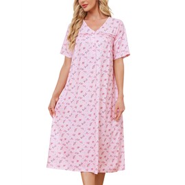 Nightgowns for Women Short Sleeve House Dress with Pockets Floral Print Moo Moos Nightgown Mumu Dress V Neck Housecoat Pink