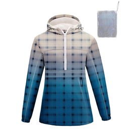 Avoogue Rain Jackets for Women Lined Reflective Waterproof Hooded Raincoat Lightweight Half Zipper Windproof Packable Outwear(Gradient Grid,L)