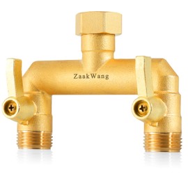 Heavy Duty Brass Garden Hose Splitter 2 Way - Upgrade Full Flow Hose Bib Adapter with Water Shut Off Valves and Long Metal Handles, Rust and Frost Resistant Outdoor Faucet Diverter