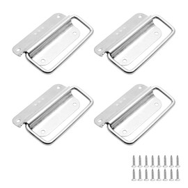 Jiozermi 4 Pcs Chest Handles, 3 Inch Pull Handles with Screws, Stainless Steel Foldable Pull Ring Handle for Toolbox, Heavy Duty Surface Mount Case Handle, Silver