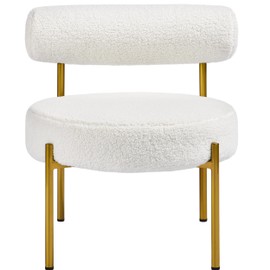Topeakmart Modern Vanity Chair, Boucle Fabric Accent Chair with Gold Metal Legs for Living Room Makeup Room, White