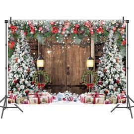 Winter Christmas Backdrop 8x6FT Xmas Rustic Barn Wood Door Photography Backdrop Xmas Tree Snow Gift Kids Adult Family Holiday Party Decoration Supplies Photo Props