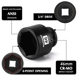 MIXPOWER 3/4" Drive Shallow Impact Socket, 46mm, CR-MO, Metric, 6 Point, Axle Nut Impact Grade Socket for Easy Removal