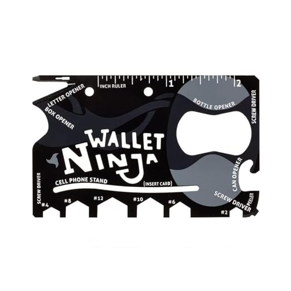 Wallet Ninja Multitool Card â 18 in 1 Credit Card Size Multi-Tool for Quick Repairs, EDC Survival Gear, Bottle Opener, Camping â Cool Gadget and Stocking Stuffer (Black)