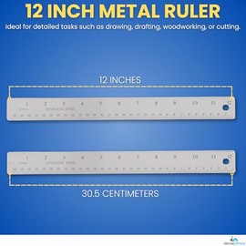 1InTheOffice - Regla de metal de 12 pulgadas, acero inoxidable de 12 pulgadas con parte trasera de corcho y agujero para colgar, escala estándar de 1/