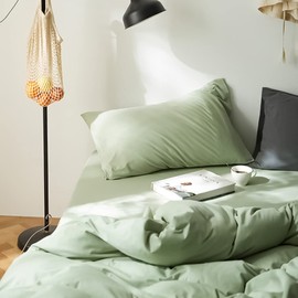 Michorinee Single Duvet Cover Set Sage Green Plain Brushed Microfiber Bedding Set Ultra Soft Non Iron Summer Green Solid Color Quilt Cover with Pillowcase Zipper Closure