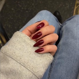 KQueenest Acrylic Press on Nails Almond Medium Length, Burgundy Red False Nails Almond, Glossy Solid Color Stiletto Fake Nails Set, Natural Gel Stick on Nail for Women Finger Daily Wear 24 Pcs